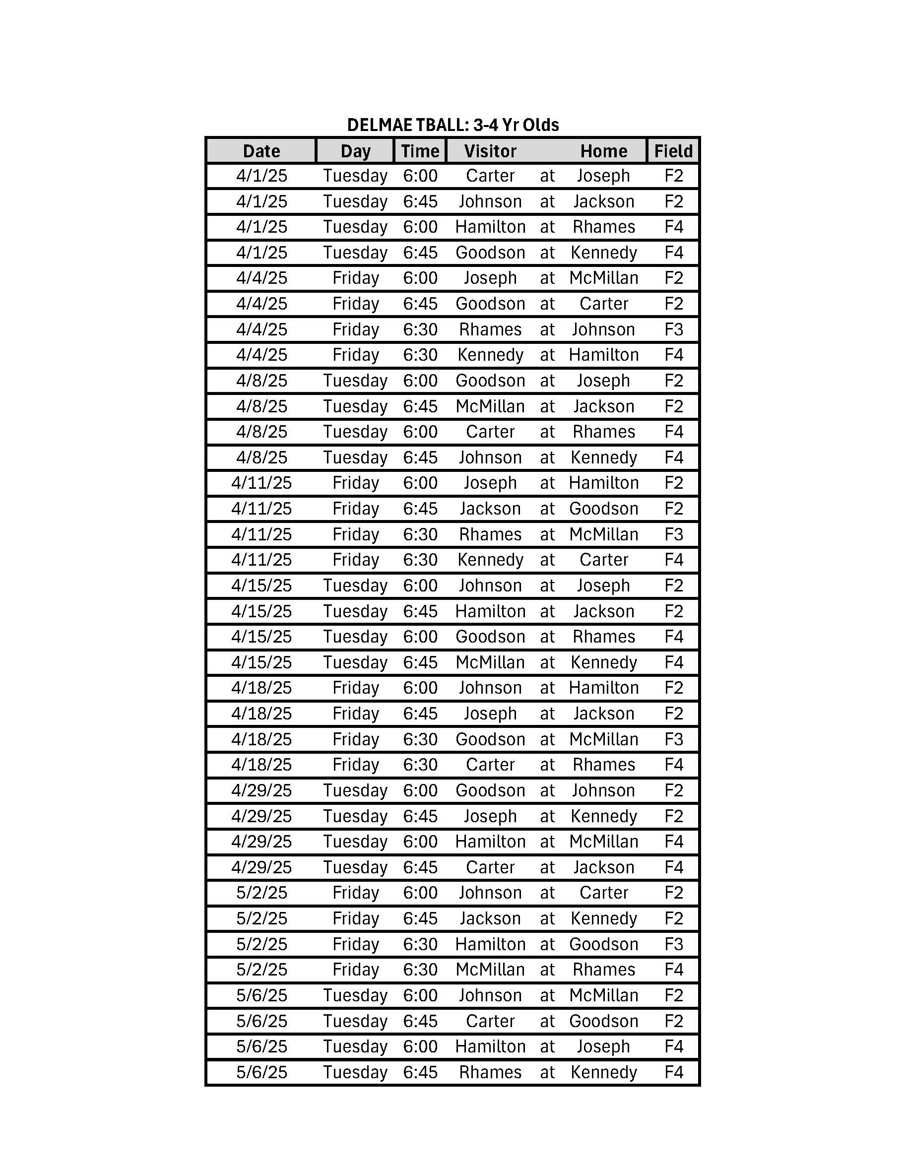 2025 Delmae TBall Schedule