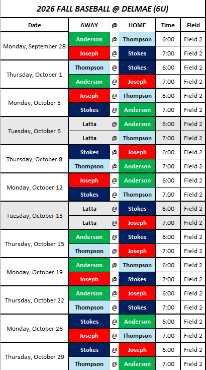 5-6 Yr Olds 2026 Fall Ball Schedule