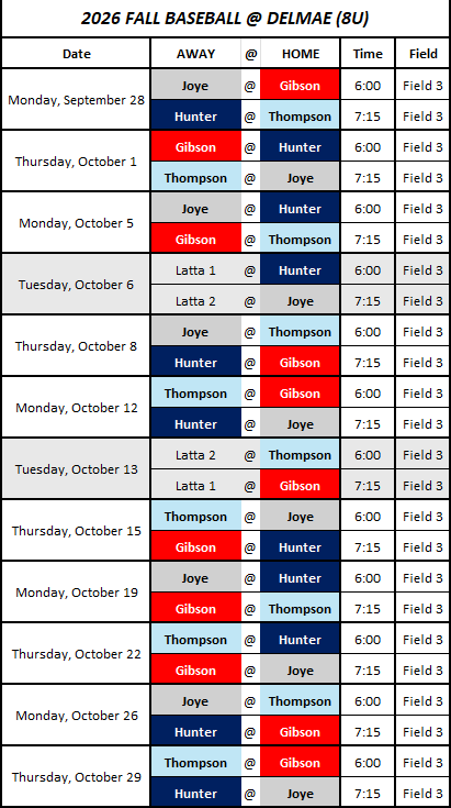 7-8 Yr Olds 2026 Fall Ball Schedule