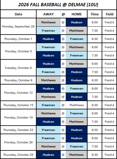 9-10 Yr Olds 2026 Fall Ball Schedule